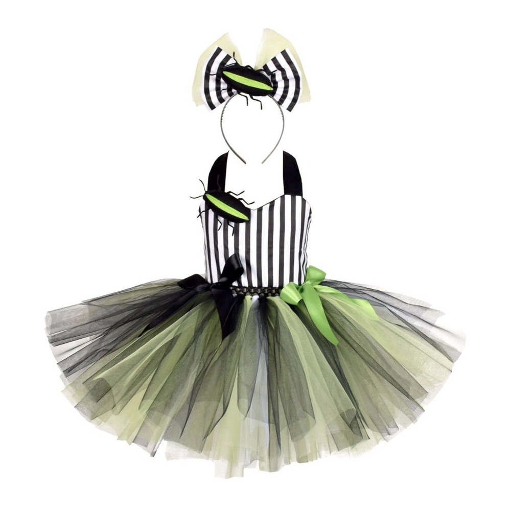 Girls Beetlejuice Inspired Halloween Costume Tutu Dress & Headband Set Green 5-6